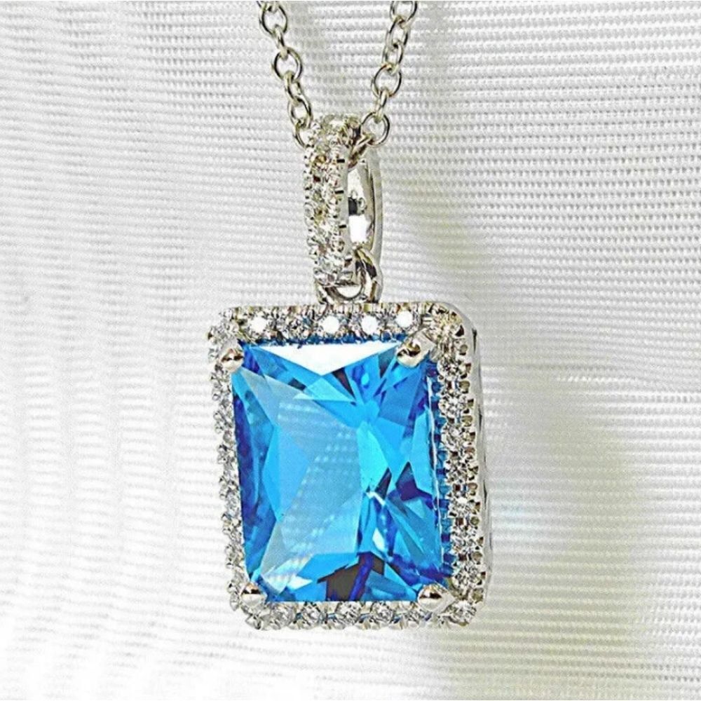 Blue Topaz Pendant Gemstone Diamond Necklace